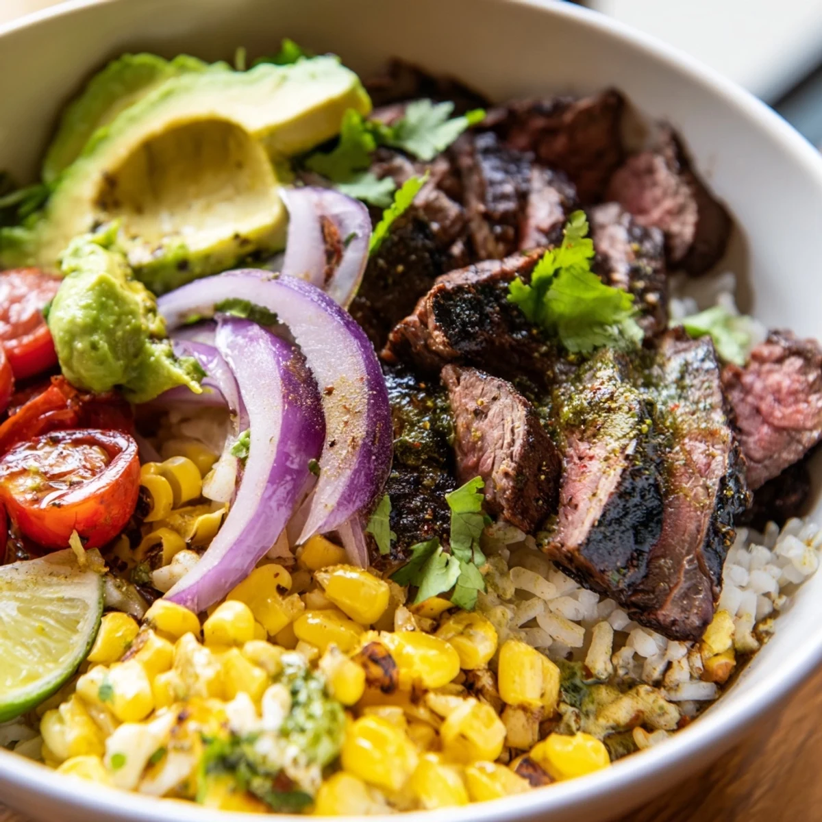 A colorful Steak Avocado Roasted Corn Bowl features zesty lime dressing drizzled over grilled steak, corn, and fresh cilantro for a satisfying meal.