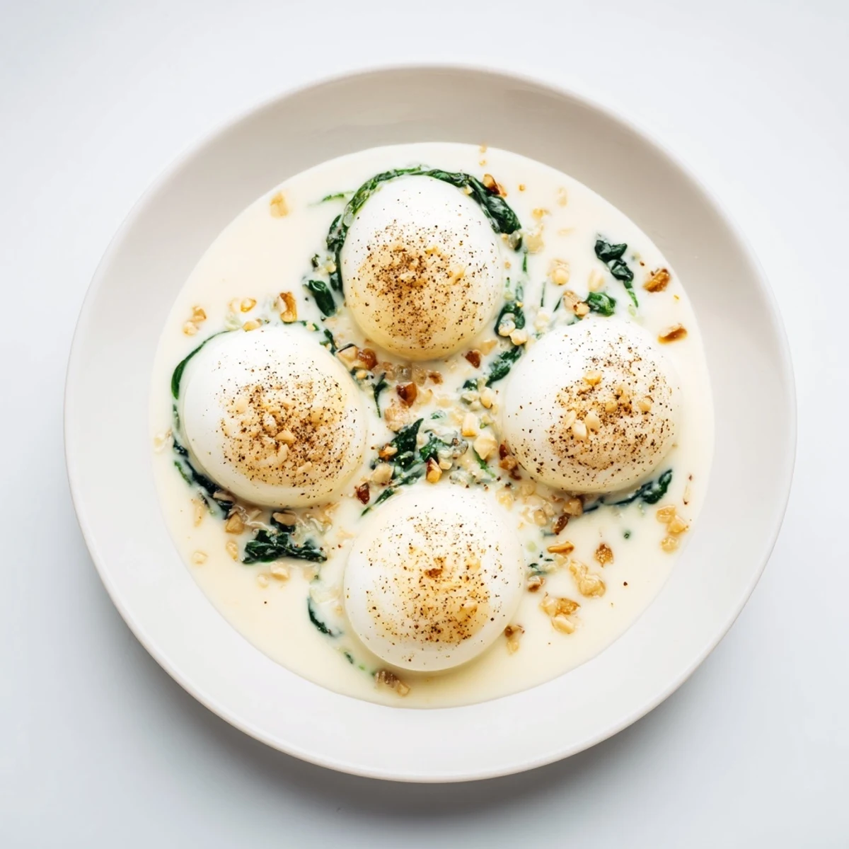 Creamy Spinach and Eggs recipe features velvety sauce with tender greens and gently poached eggs in a skillet.