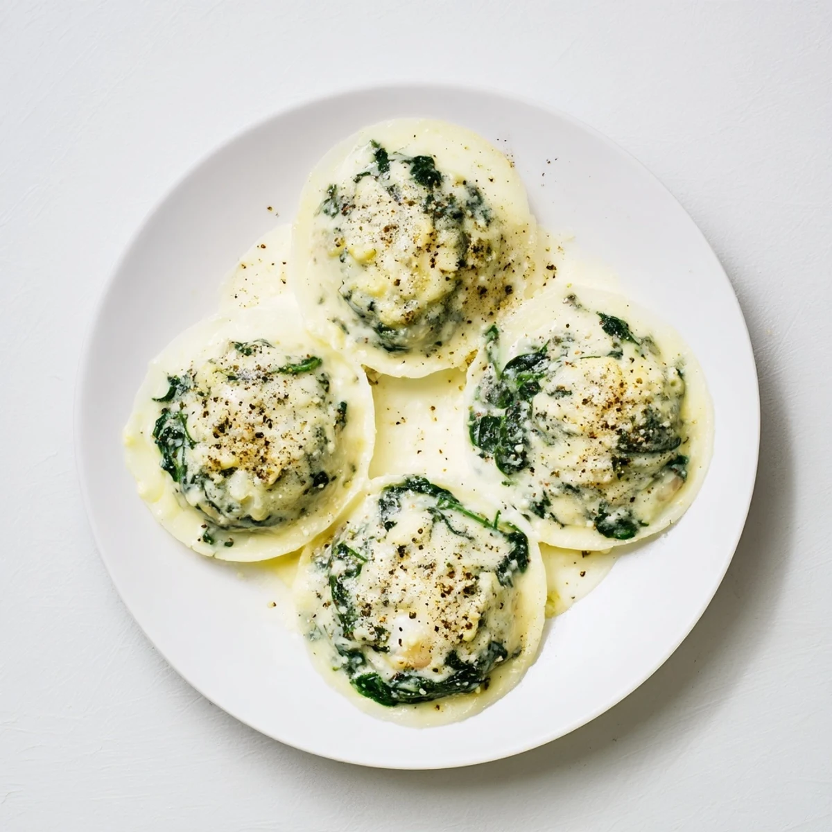 Creamy Spinach and Eggs topped with rich Parmesan, sunny side up eggs, served with crusty bread slices.