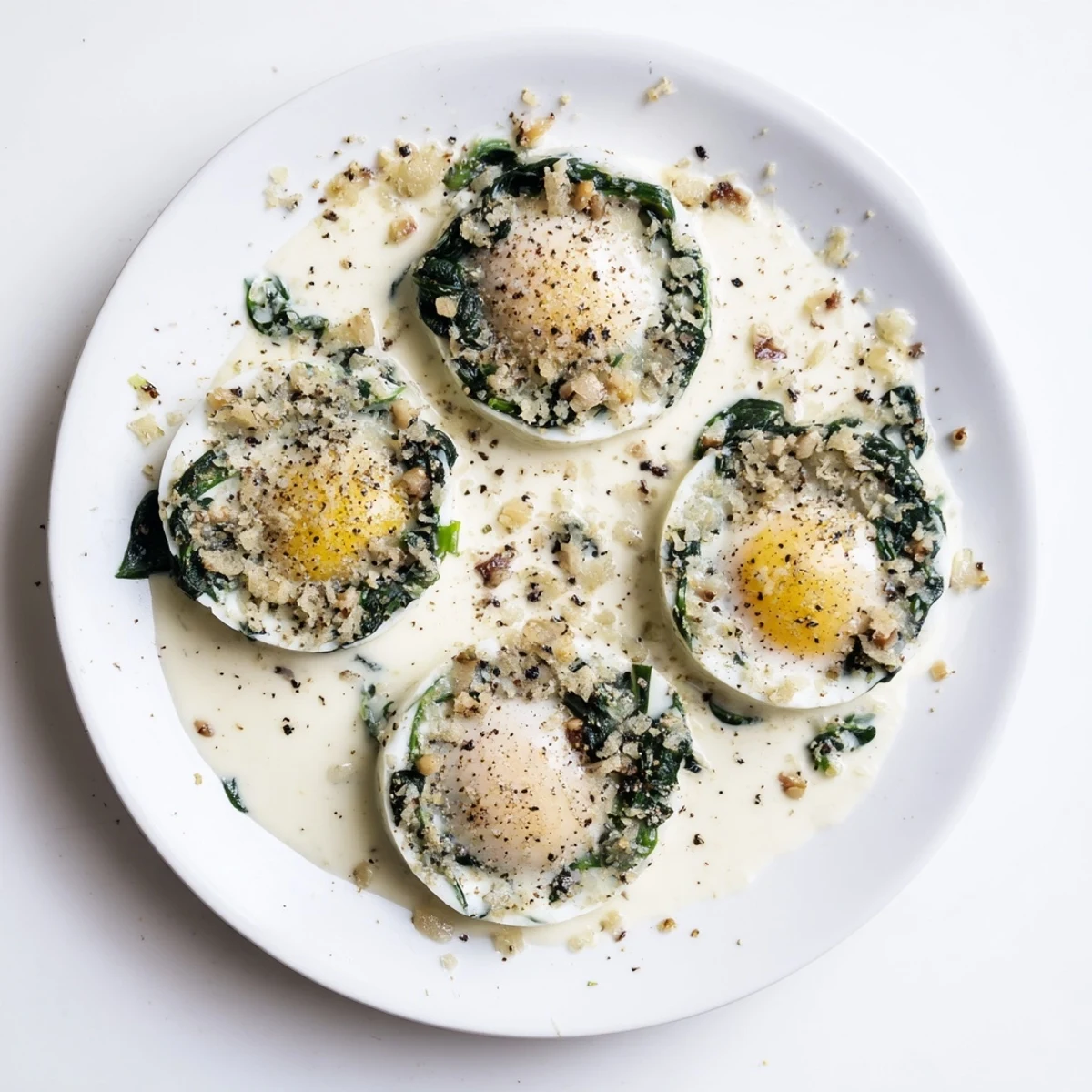 Savory Creamy Spinach and Eggs simmered with nutmeg, garlicky spinach, and silky cream sauce for a comforting meal.