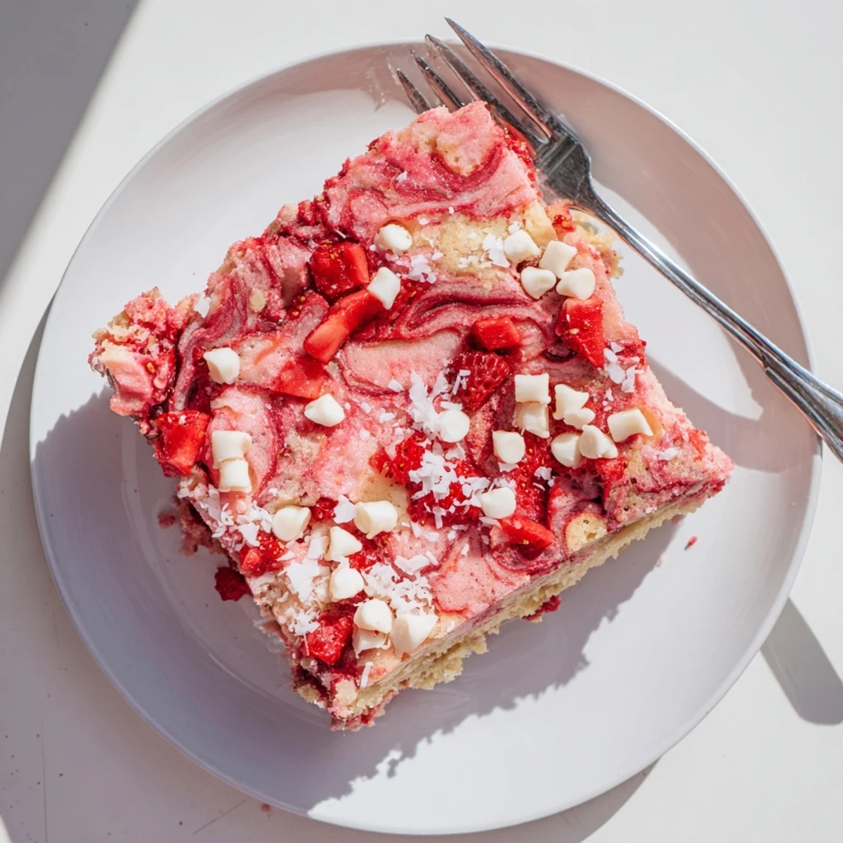 Slice of Strawberry Earthquake Cake showing creamy cheesecake swirls and glossy melted white chocolate chips.