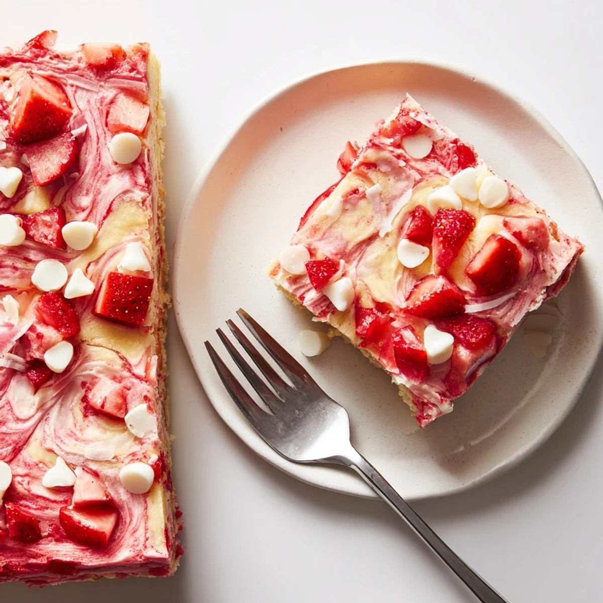Close-up of Strawberry Earthquake Cake revealing juicy diced strawberries and a moist, marbled crumb.