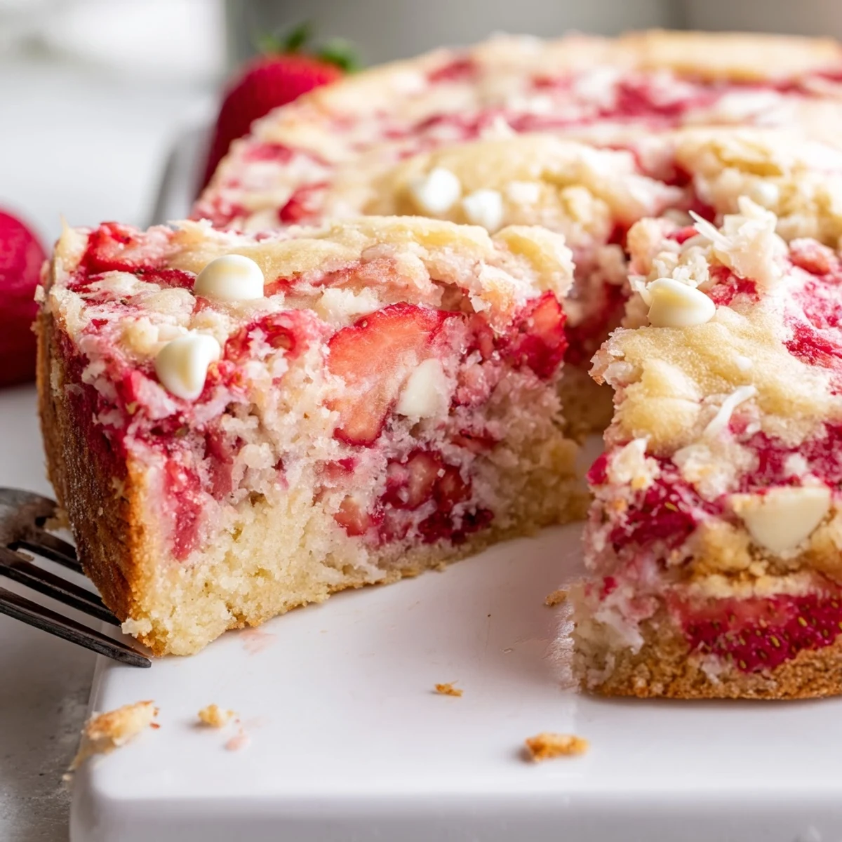 A slice of Strawberry Earthquake Cake shows swirls of cream cheese and fresh berries on a white plate.