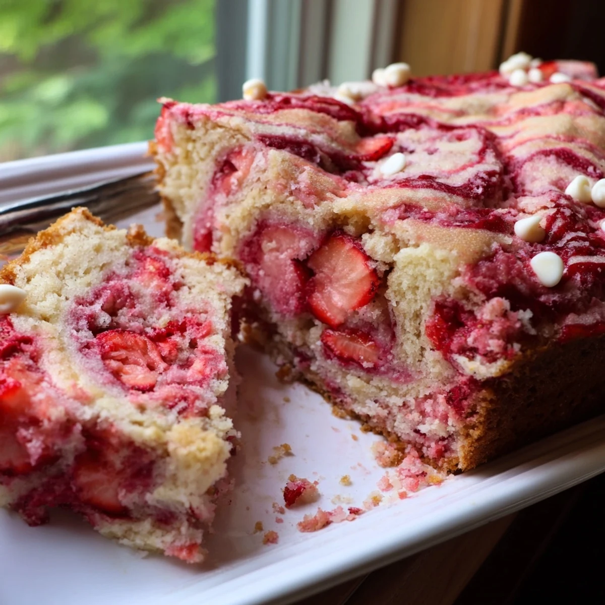 Strawberry Earthquake Cake with melted white chocolate chips and shredded coconut in a 9x13 pan, ready to serve.