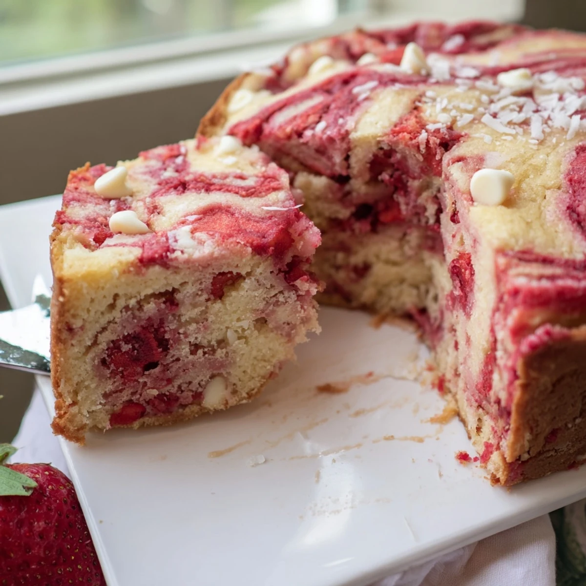 A close view of moist Strawberry Earthquake Cake with marbled cream cheese and chopped strawberries on top.