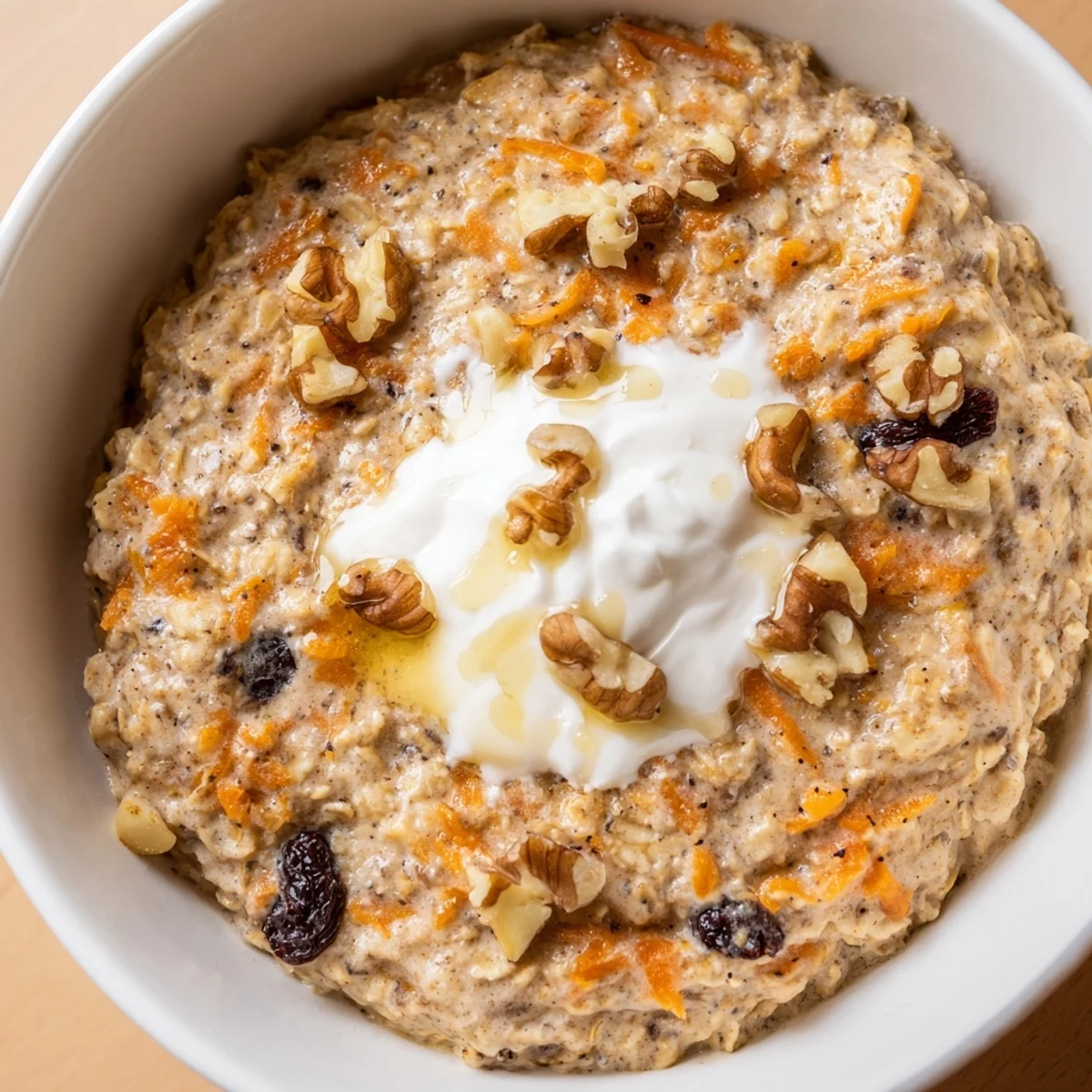 Chilled Carrot Cake Overnight Oats in a clear jar, topped with chopped walnuts and a drizzle of maple syrup.