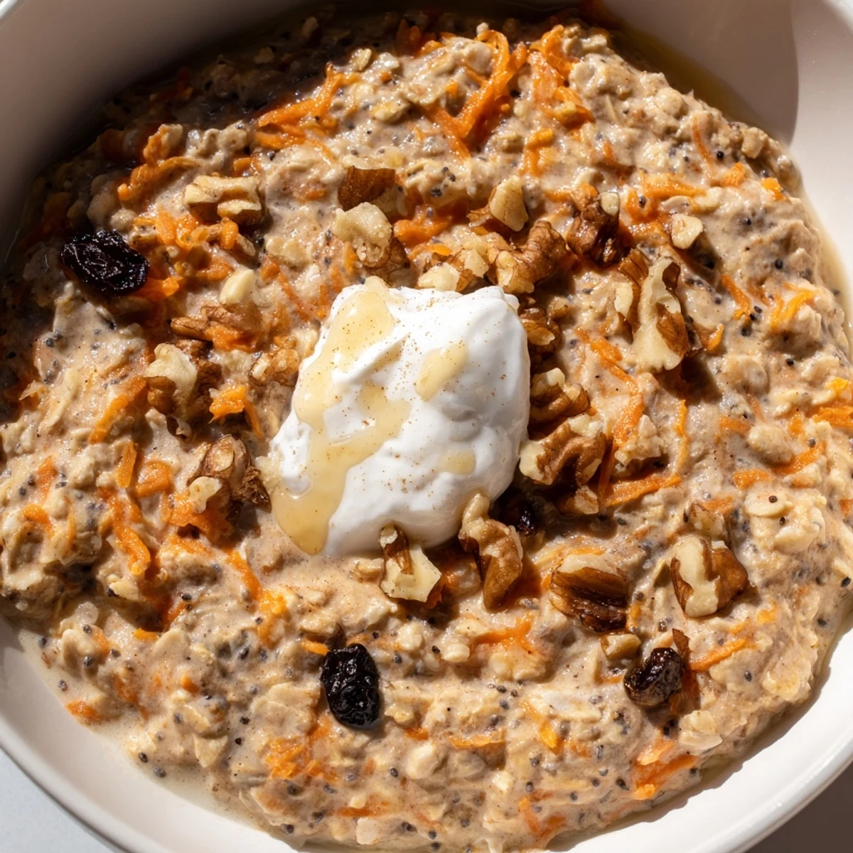 Creamy Carrot Cake Overnight Oats served in a rustic bowl with a sprinkle of nutmeg and pecans.