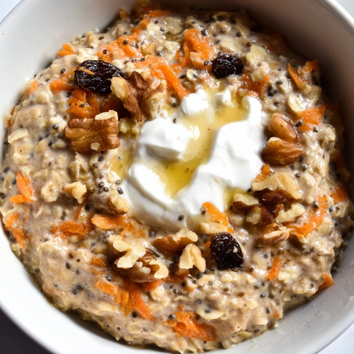 Overnight oats with grated carrots, warm cinnamon, and plump raisins, garnished with a dollop of Greek yogurt.