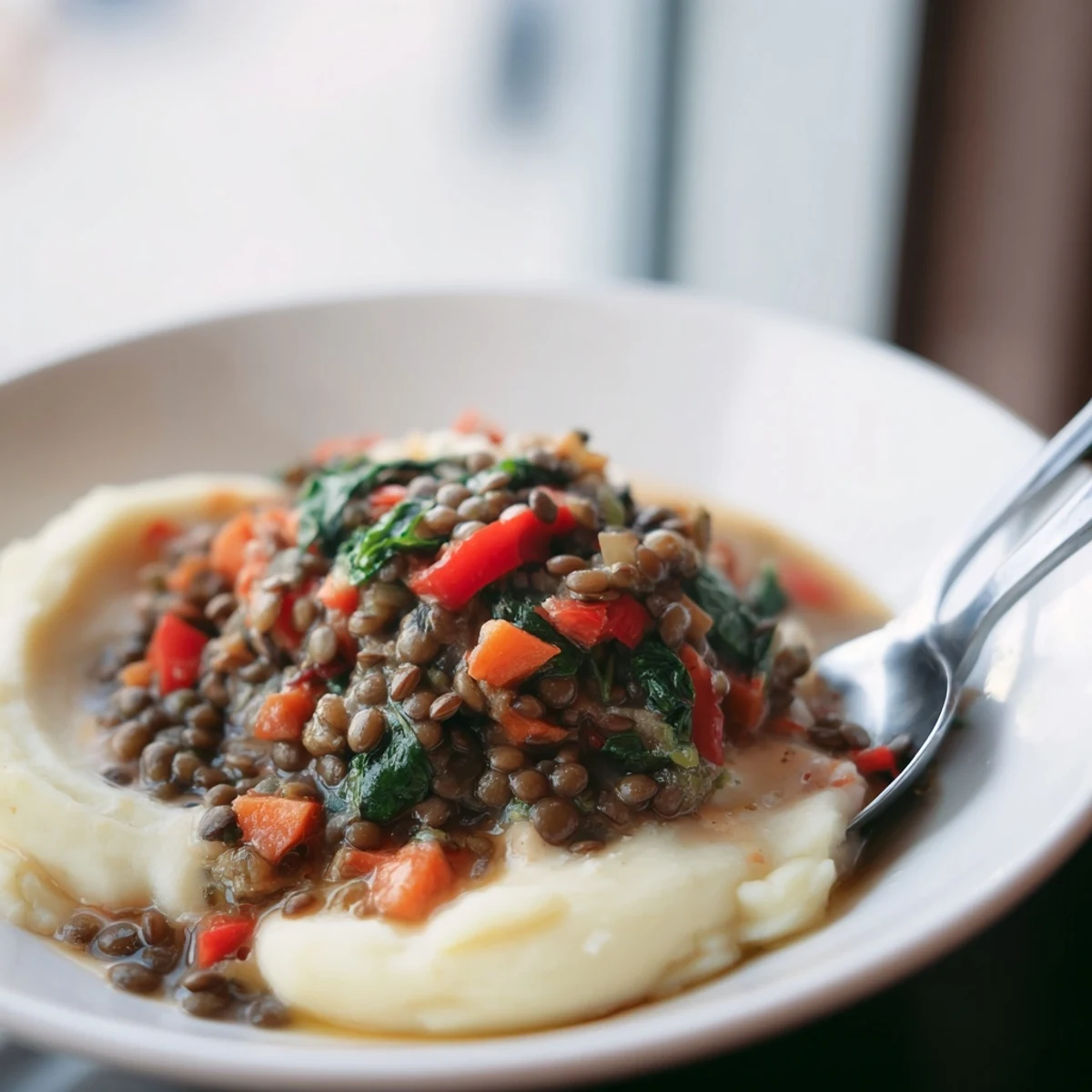 Steaming lentil stew over creamy mashed potatoes in a rustic ceramic bowl, garnished with fresh parsley.  