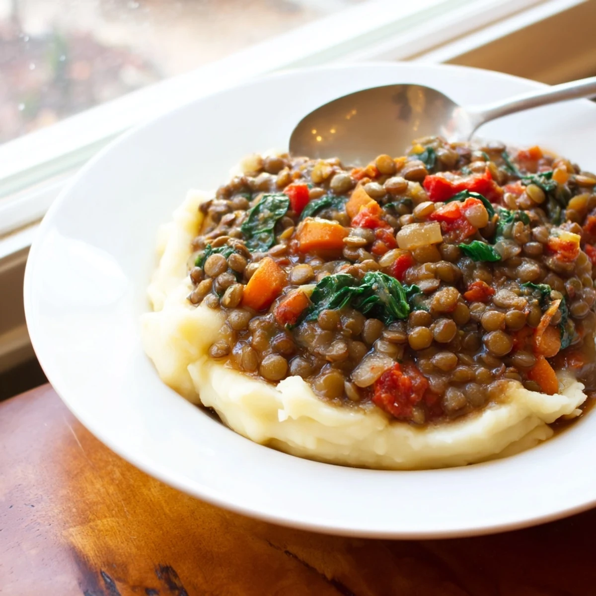 Comforting bowl of lentil stew over creamy mashed potatoes, featuring rich gravy and a drizzle of olive oil.