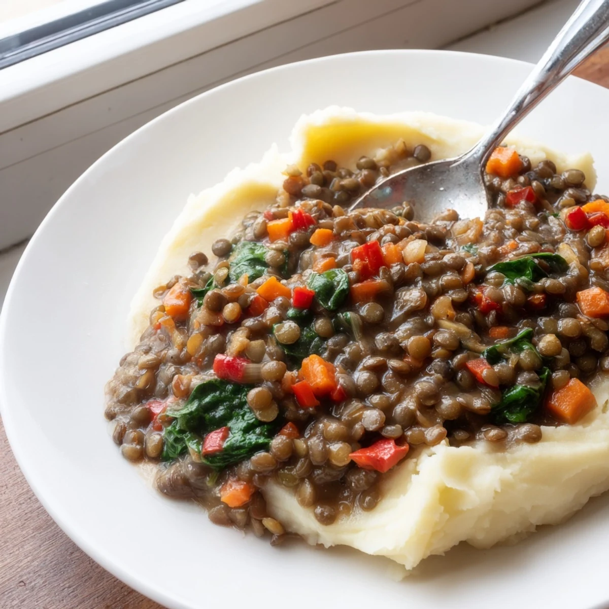 A hearty serving of lentil stew over creamy mashed potatoes, with spinach and diced vegetables visible.  
