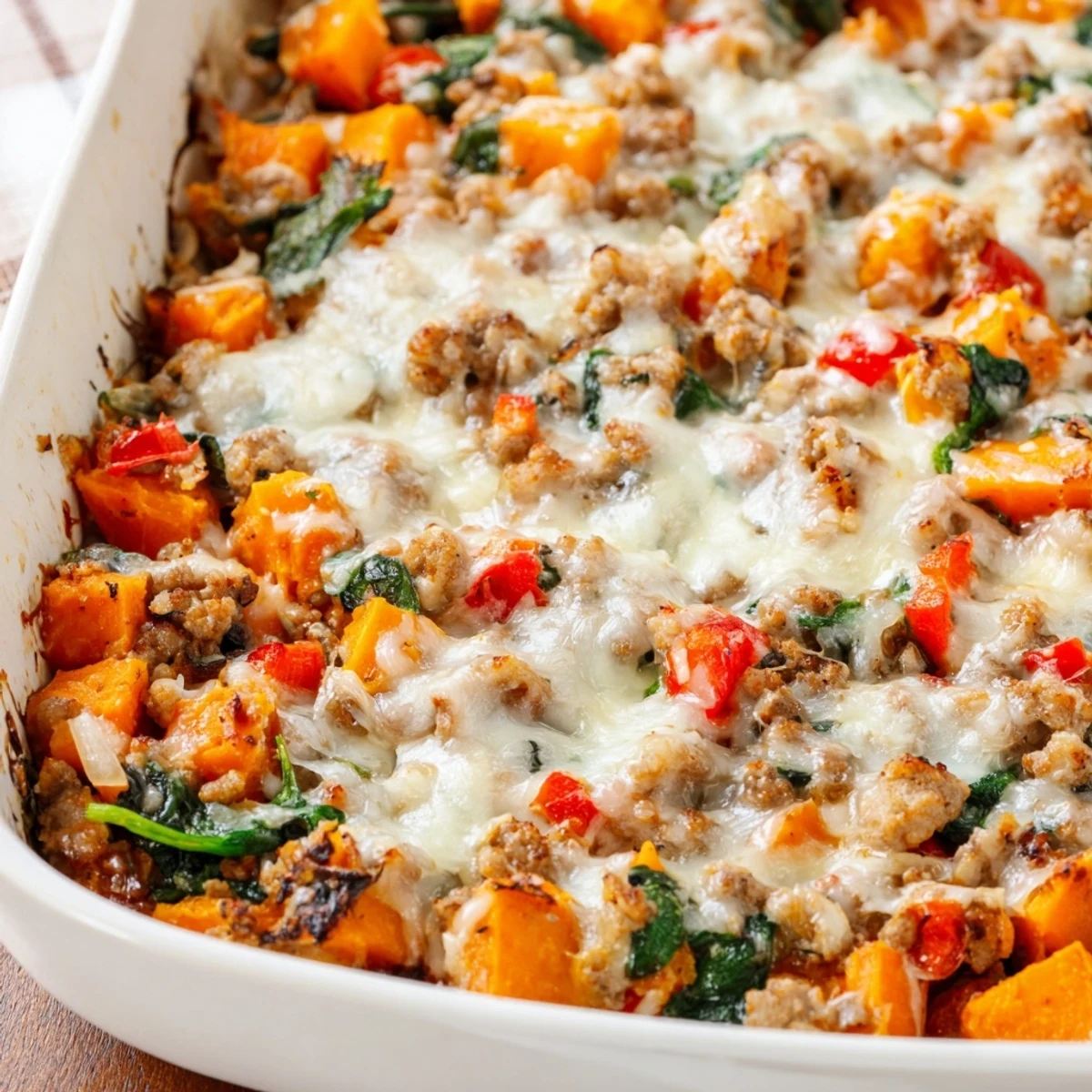 Golden-brown ground turkey sweet potato bake fresh from the oven, with melted mozzarella and Parmesan bubbling over the hearty vegetable filling.
