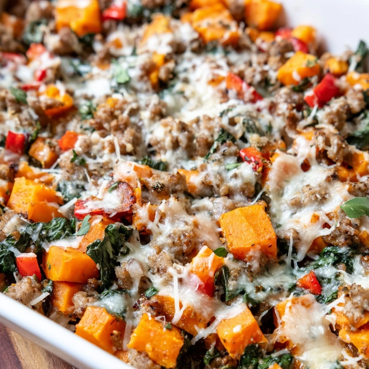 A close-up of the ground turkey sweet potato bake casserole, showcasing tender sweet potato chunks and wilted spinach in a savory herb sauce.