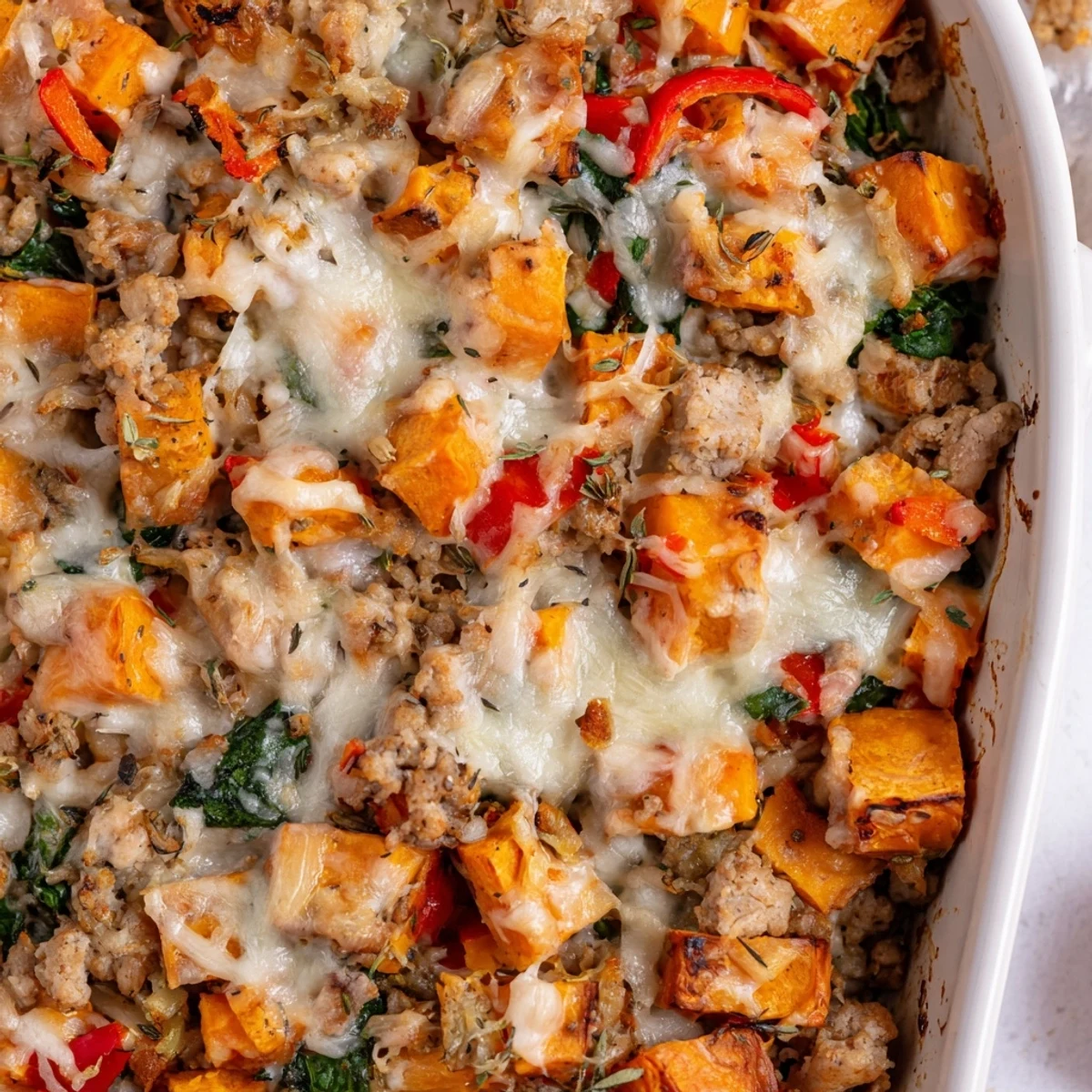 Hearty slices of ground turkey sweet potato bake served on a plate, ready for a family dinner alongside a crisp green salad.