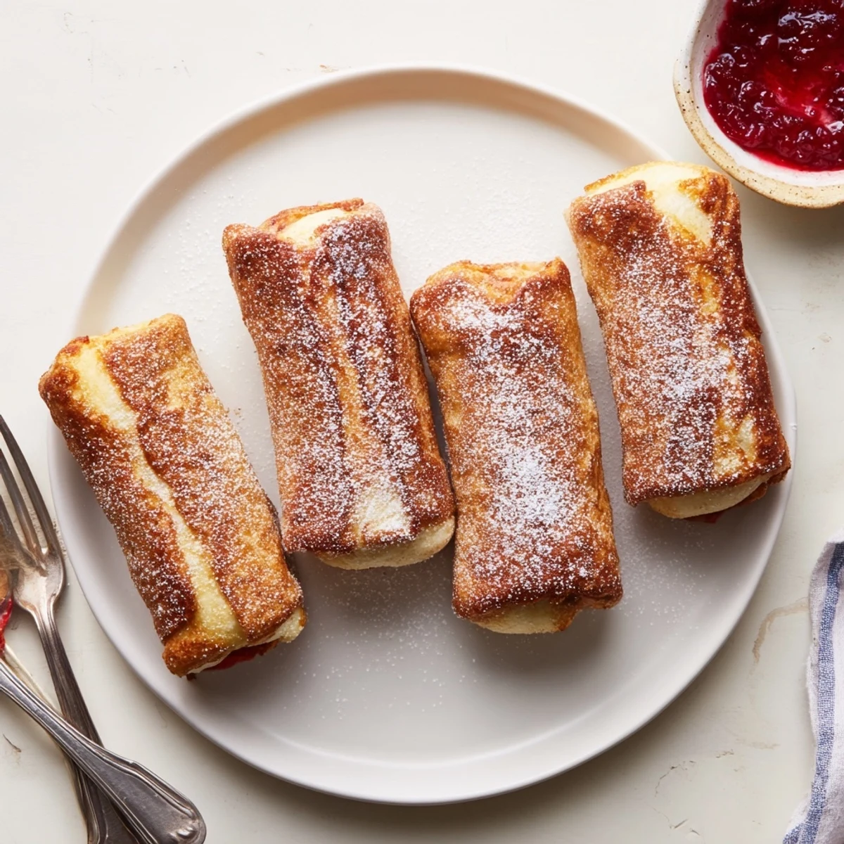 Golden-brown Monte Cristo Roll Ups sit on a white plate, dusted with powdered sugar and served with raspberry jam for dipping.  