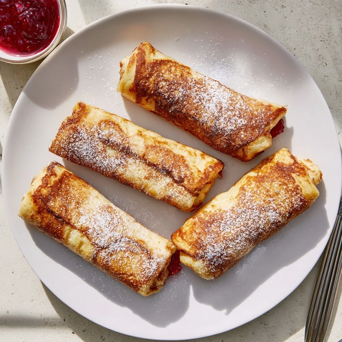 Each bite-sized Monte Cristo Roll Up reveals melted Swiss cheese, ham, and turkey inside a crispy, egg-coated bread exterior.  