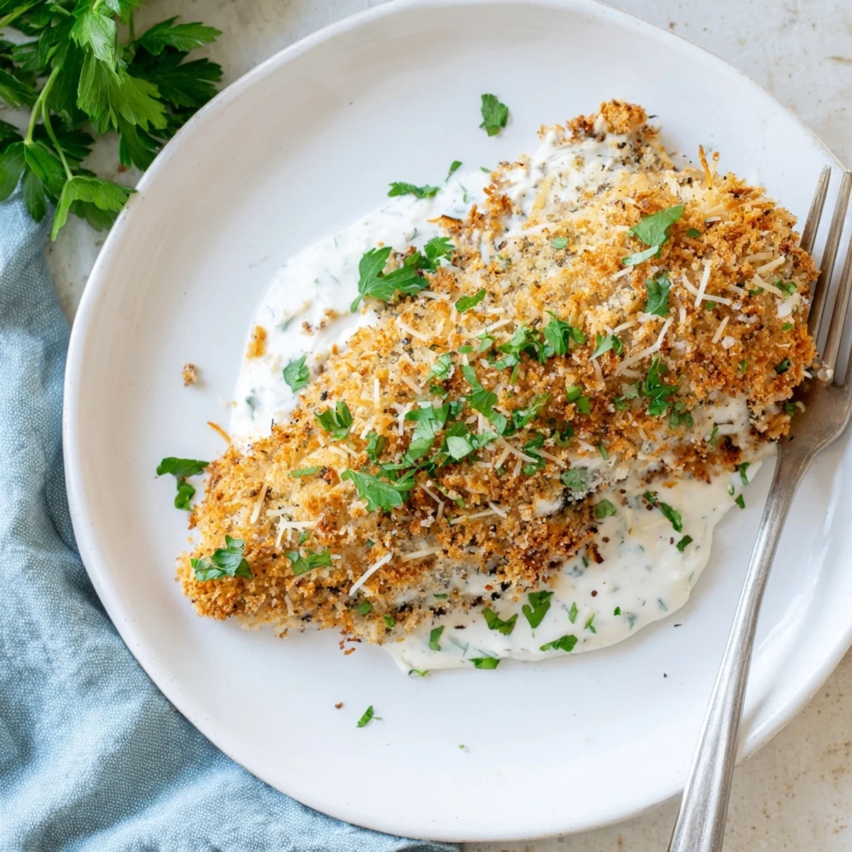 Juicy Longhorn Steakhouse Parmesan Crusted Chicken fresh from the oven with a golden, cheesy panko crust and fresh parsley garnish.