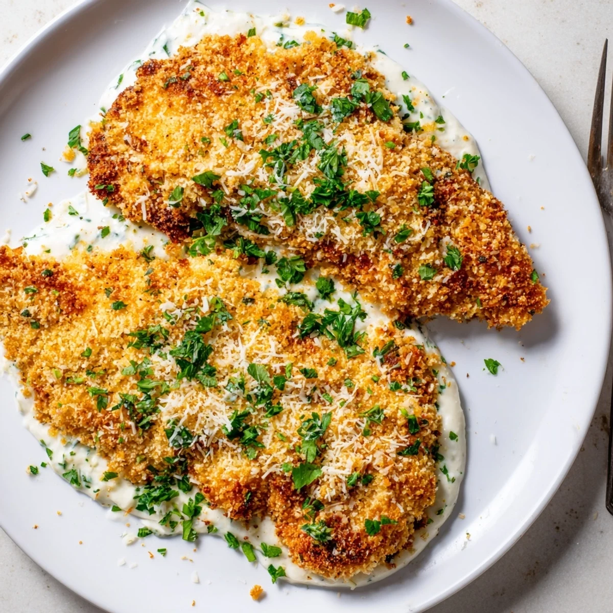 Golden, crispy Parmesan crusted chicken breast served on a plate with creamy ranch spread and a side of mashed potatoes.