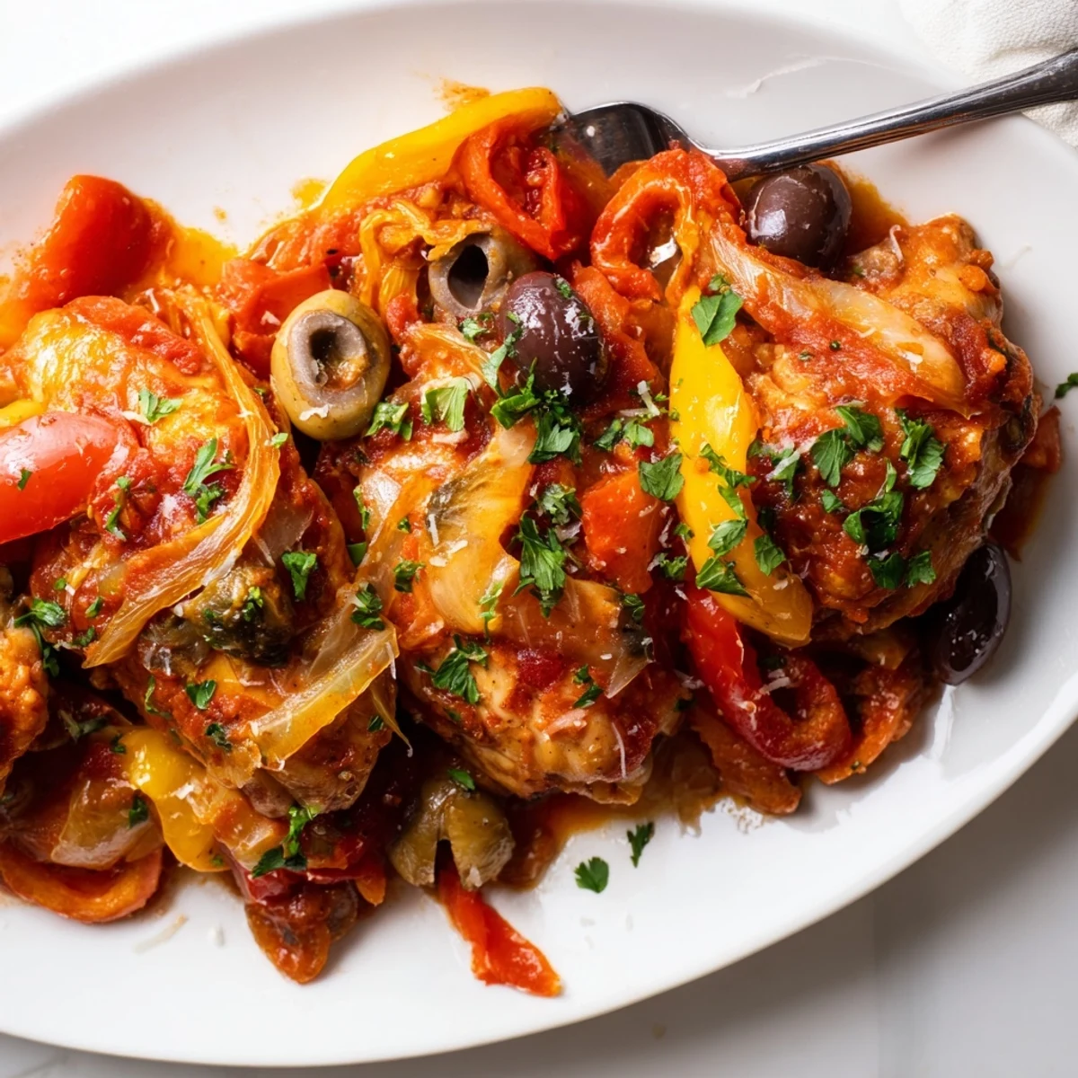 A close-up of Slow Cooker Chicken Cacciatore highlights olives, capers, and fresh parsley over saucy chicken and peppers.