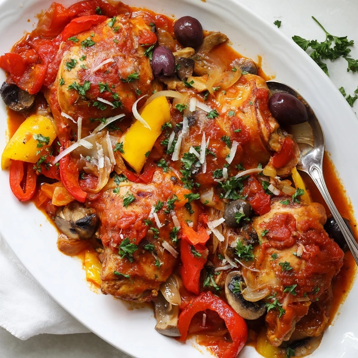 Savory Slow Cooker Chicken Cacciatore served family-style in a warm bowl with steam rising and crusty bread on the side.
