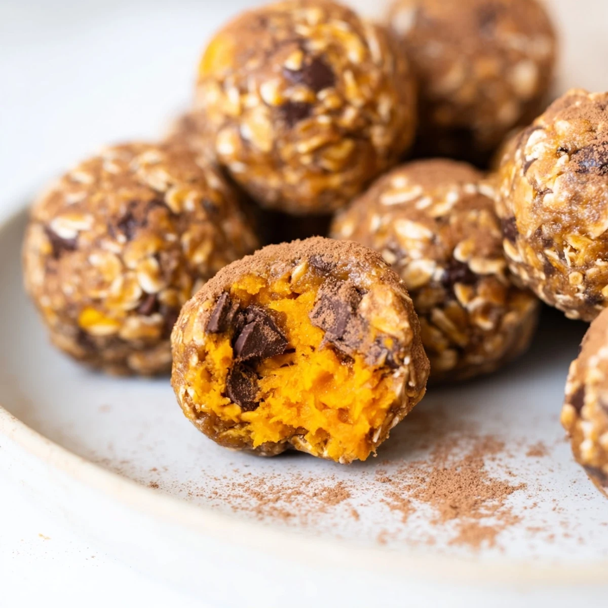 No Bake High Protein Pumpkin Bites showing a close up of one bite being lifted with a fork to reveal a chewy texture.