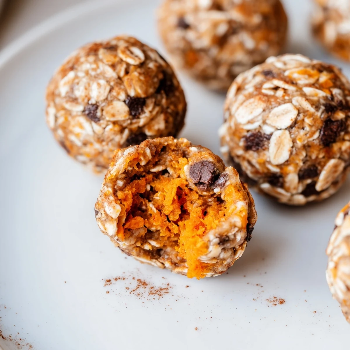 Five pumpkin protein bites arranged neatly on a white plate with cinnamon sticks and maple syrup nearby for a cozy autumn snack.