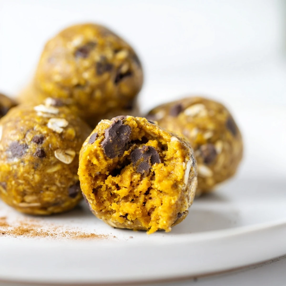 These No Bake High Protein Pumpkin Bites sit on a wooden board with pecans and a steaming mug of spiced tea.