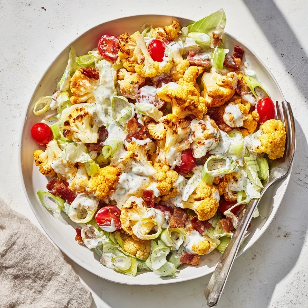 Golden roasted cauliflower florets glisten alongside crispy bacon crumbles and halved cherry tomatoes in this BLT Cauliflower Salad, served in a rustic white bowl.