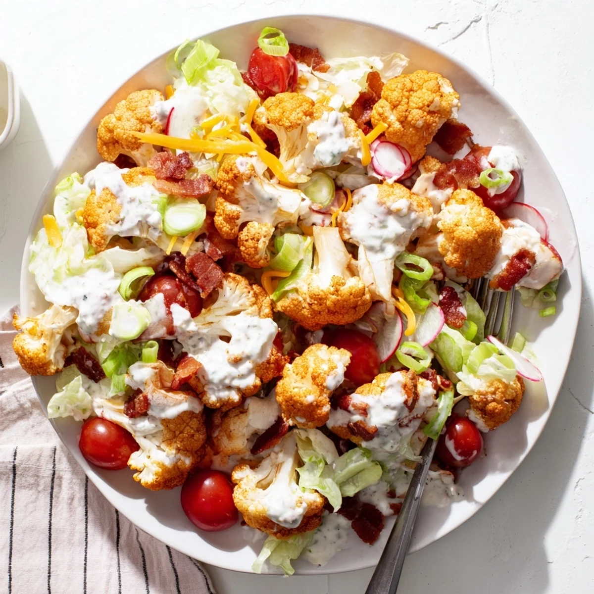 Creamy dressing coats every bite of this BLT Cauliflower Salad, featuring golden roasted cauliflower, crunchy bacon, and vibrant red tomatoes on a plate.