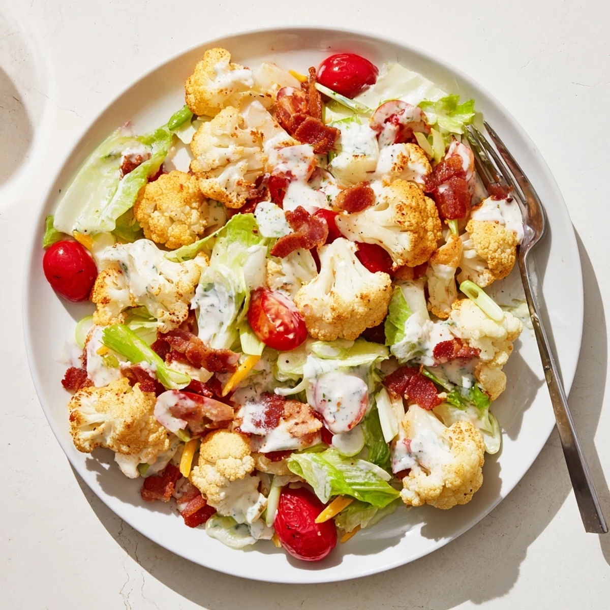 Tender roasted cauliflower mixes with smoky bacon bits, juicy tomato halves, and fresh romaine lettuce in this BLT Cauliflower Salad presentation.