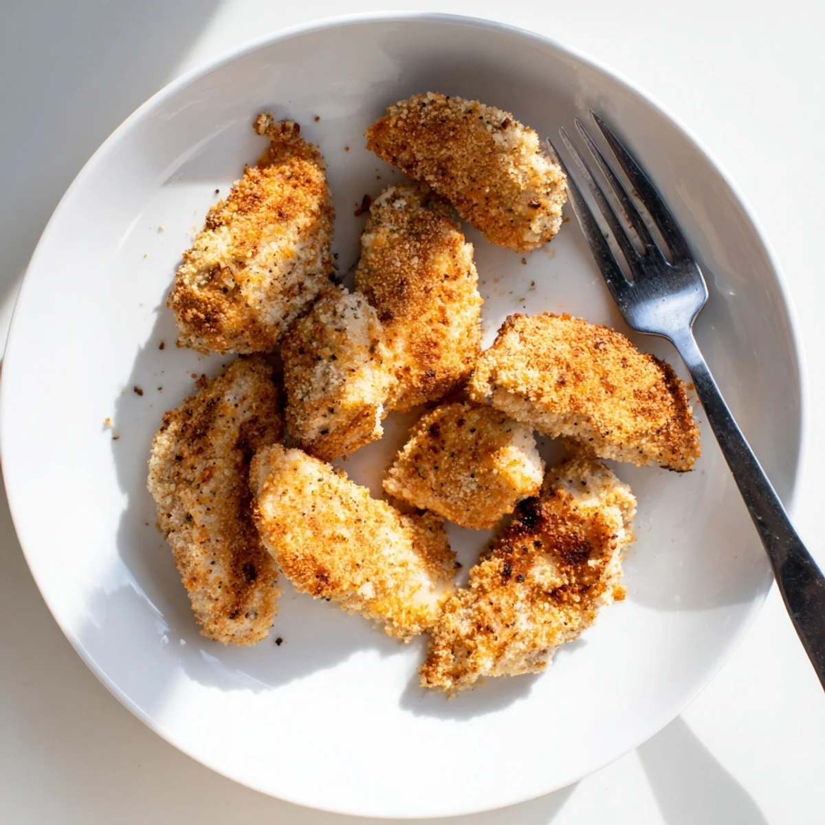 Sliced Air Fryer Parmesan Crusted Chicken revealing juicy white meat inside, paired with fresh salad greens and lemon wedges.