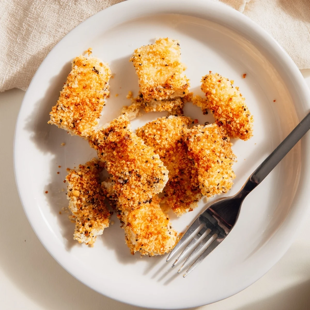 Golden brown Air Fryer Parmesan Crusted Chicken breasts with a crispy, savory crust resting on a white plate, ready to serve.