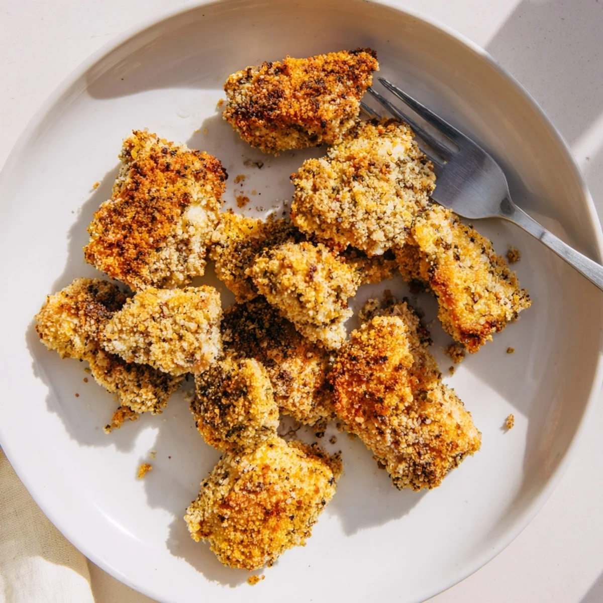 Close-up of a fork cutting through a crispy Air Fryer Parmesan Crusted Chicken breast, showing the tender texture and herbs.