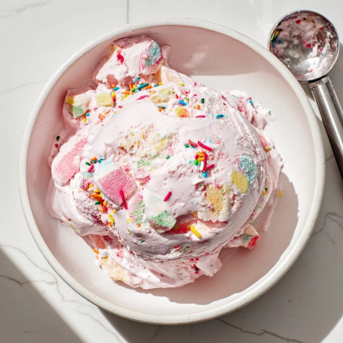 Creamy pink no churn bubblegum ice cream in a loaf pan topped with sprinkles and candy chunks.