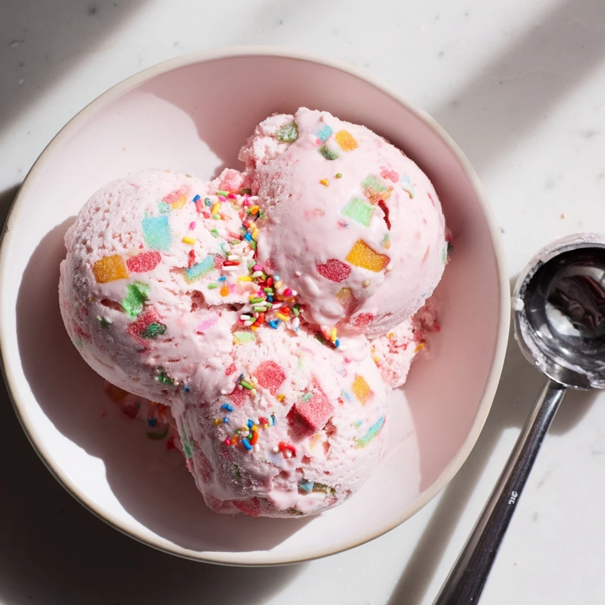 Scoop of no churn bubblegum ice cream served in a chilled bowl with colorful bubblegum pieces nearby.