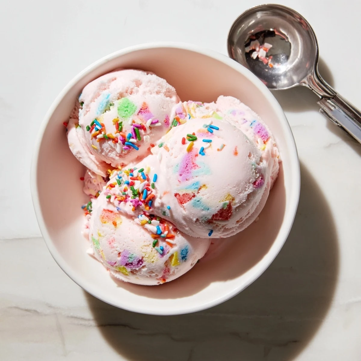Homemade no churn bubblegum ice cream with swirls of pink and blue, ready to serve at a party.
