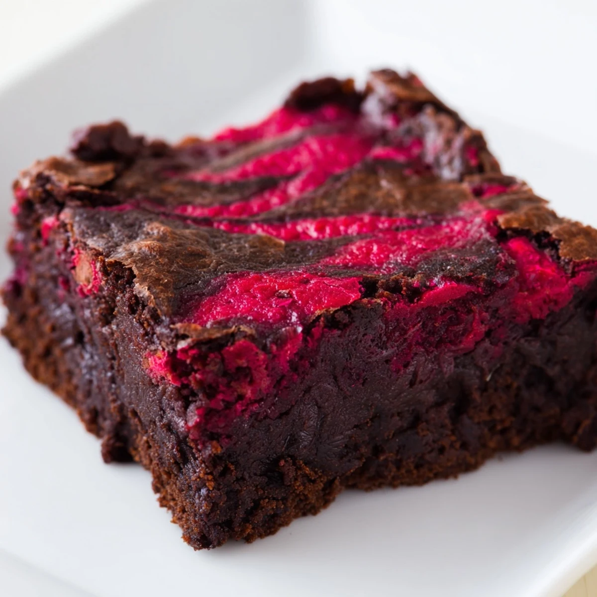 Fresh Raspberry Swirl Brownies cut into squares showing a marbled pattern of rich chocolate and vibrant berry puree.  