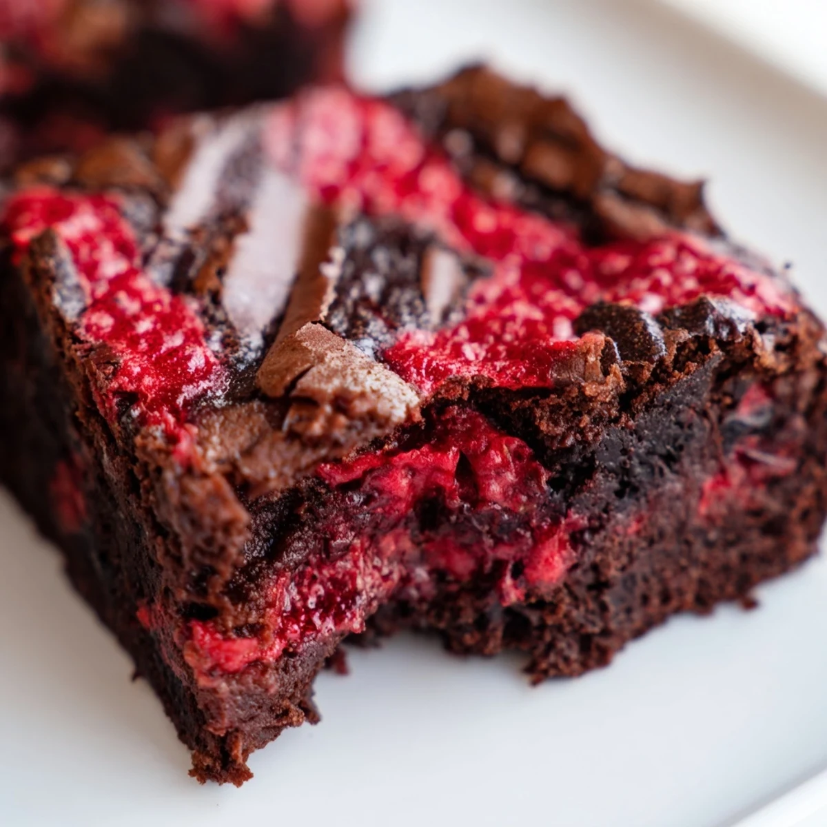 A close-up of a fudgy Raspberry Swirl Brownie piece on a plate with a glass of milk for serving.  