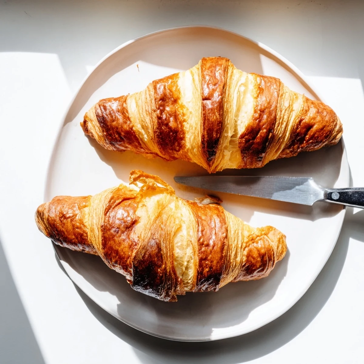 Freshly baked golden-brown Gluten-Free Croissants with flaky layers and a buttery aroma on a wooden board.