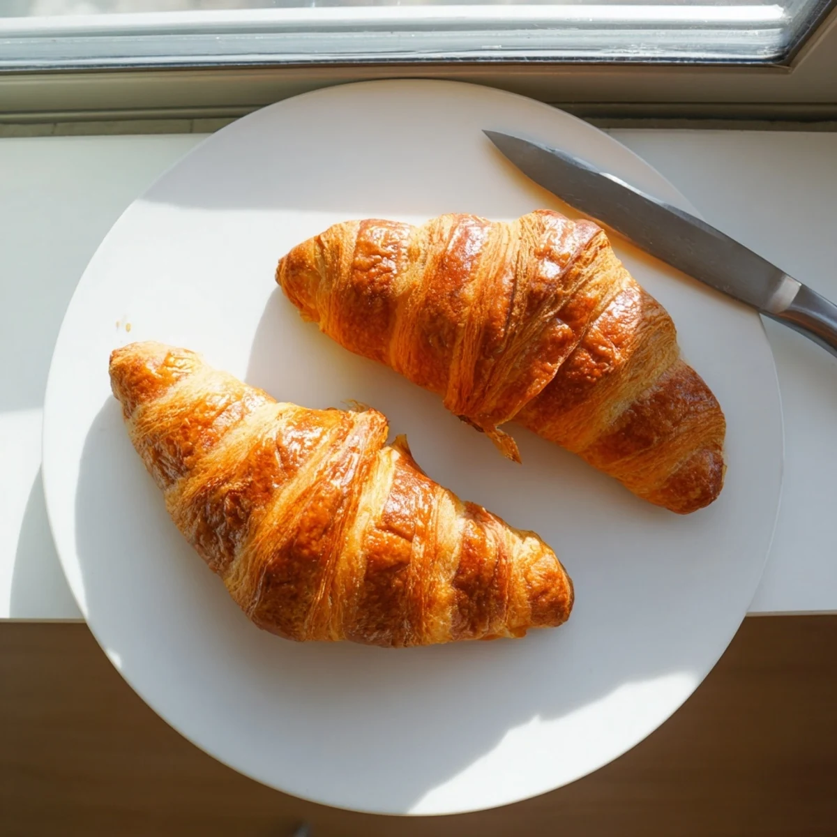 Close-up shot of flaky, light Gluten-Free Croissants with visible layers on a rustic marble countertop.