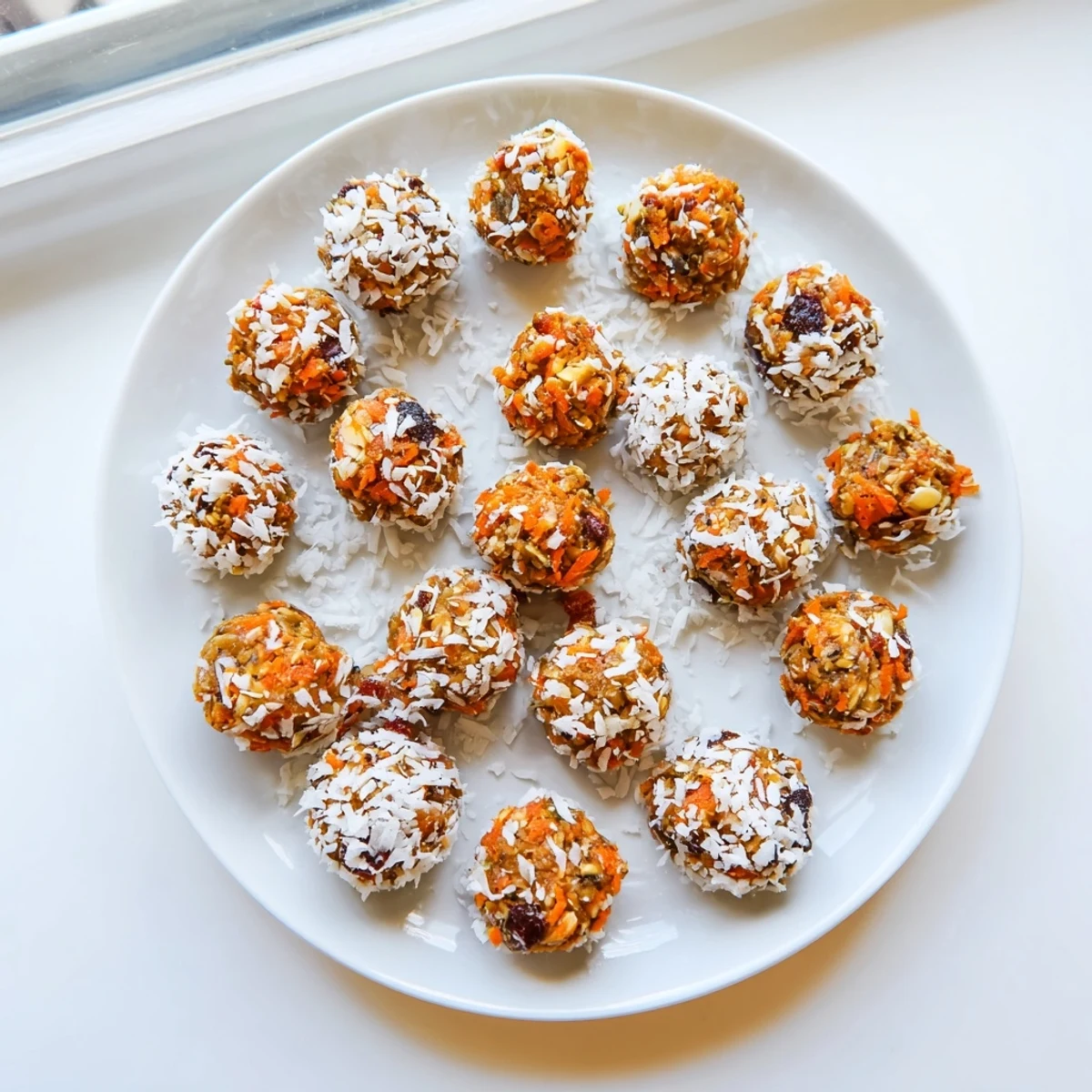 No Bake Carrot Cake Bites coated in shredded coconut on a rustic wooden platter.