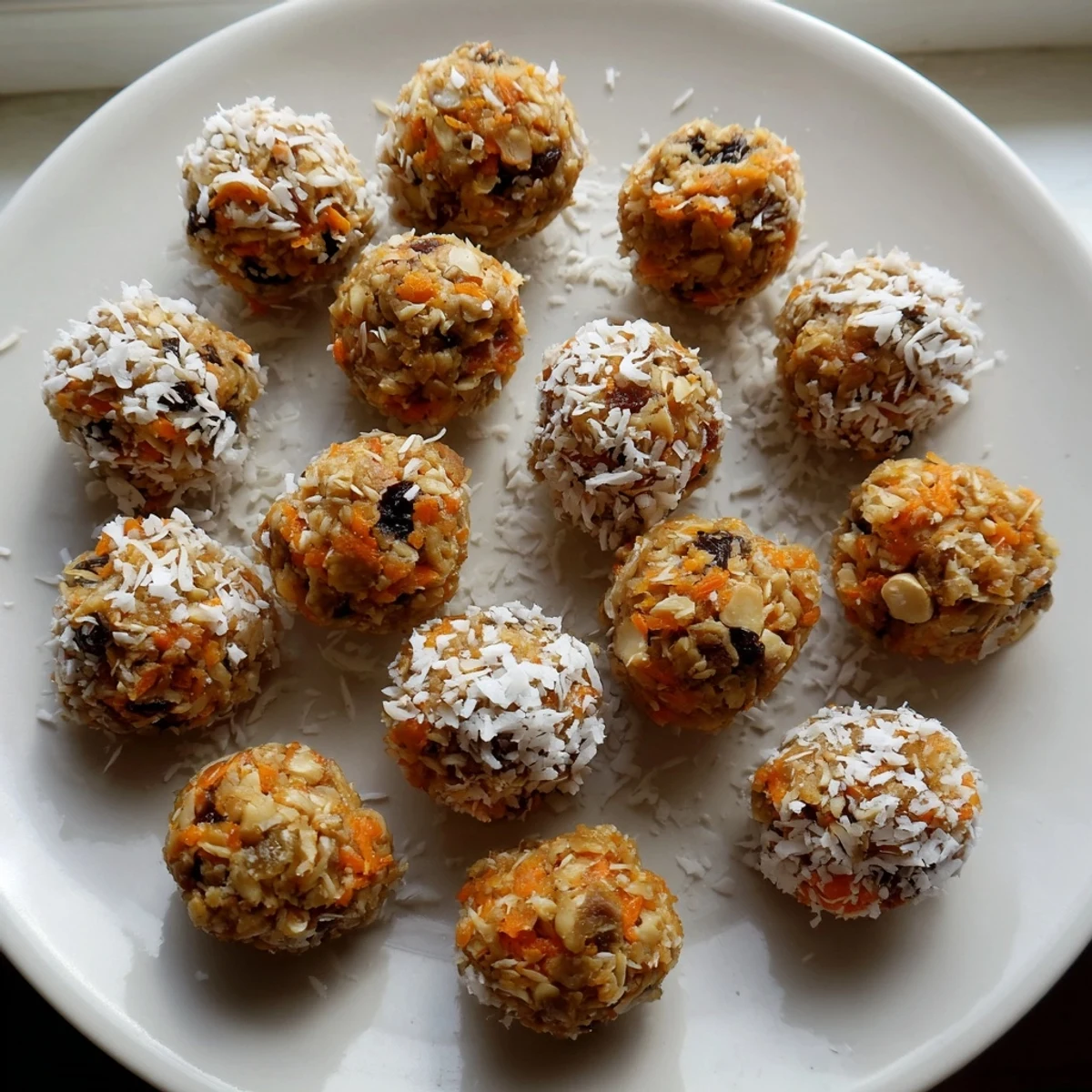 Perfectly spiced, gluten-free No Bake Carrot Cake Bites arranged on a marble surface.