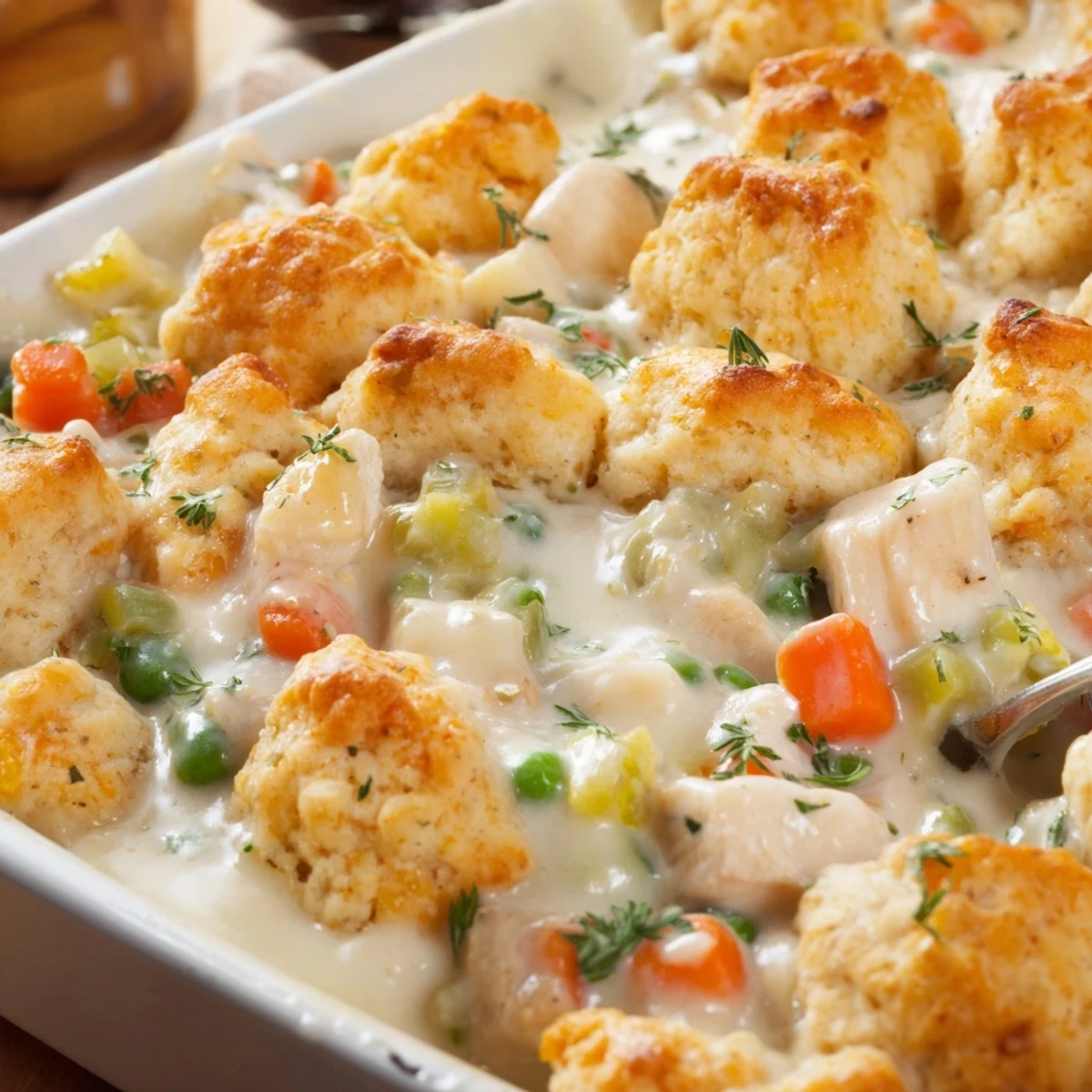 Golden-brown Red Lobster Biscuit Chicken Pot Pie fresh from the oven, showcasing bubbling creamy filling and cheddar biscuit topping.