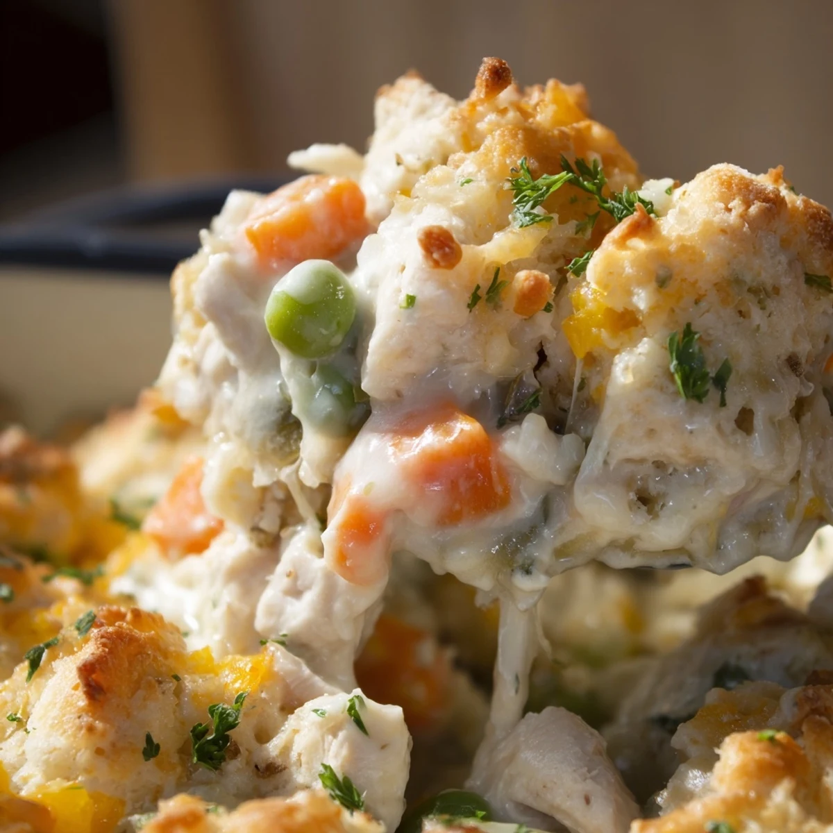A close-up of Red Lobster Biscuit Chicken Pot Pie revealing tender chicken, peas, and carrots beneath flaky biscuit crust.