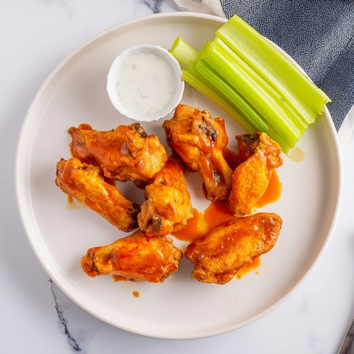 Crispy smoked buffalo wings glisten with tangy sauce, served with celery sticks and creamy blue cheese dip.