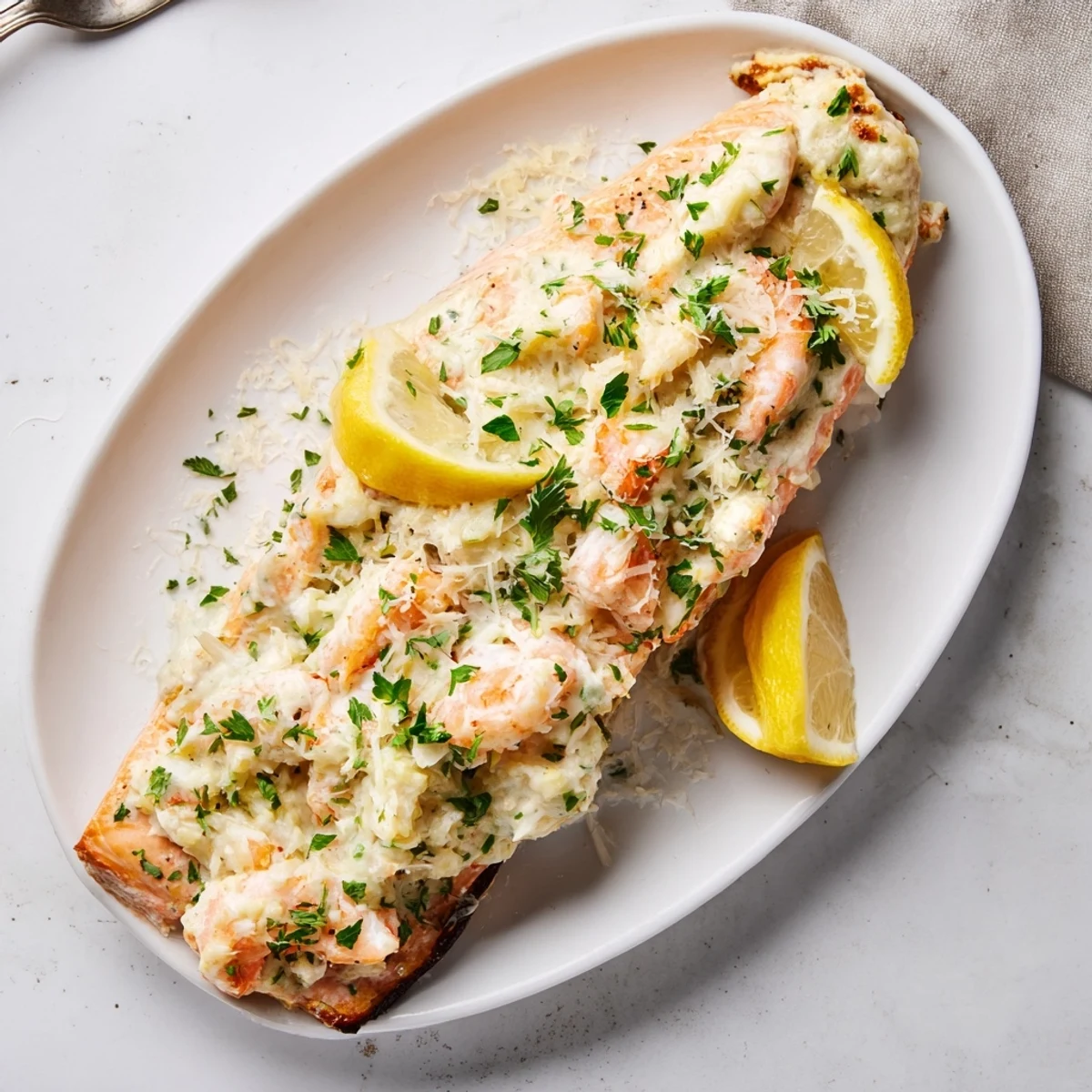 Golden-baked Crab & Shrimp Stuffed Salmon fillets are plated beside lemon wedges and fresh parsley. 