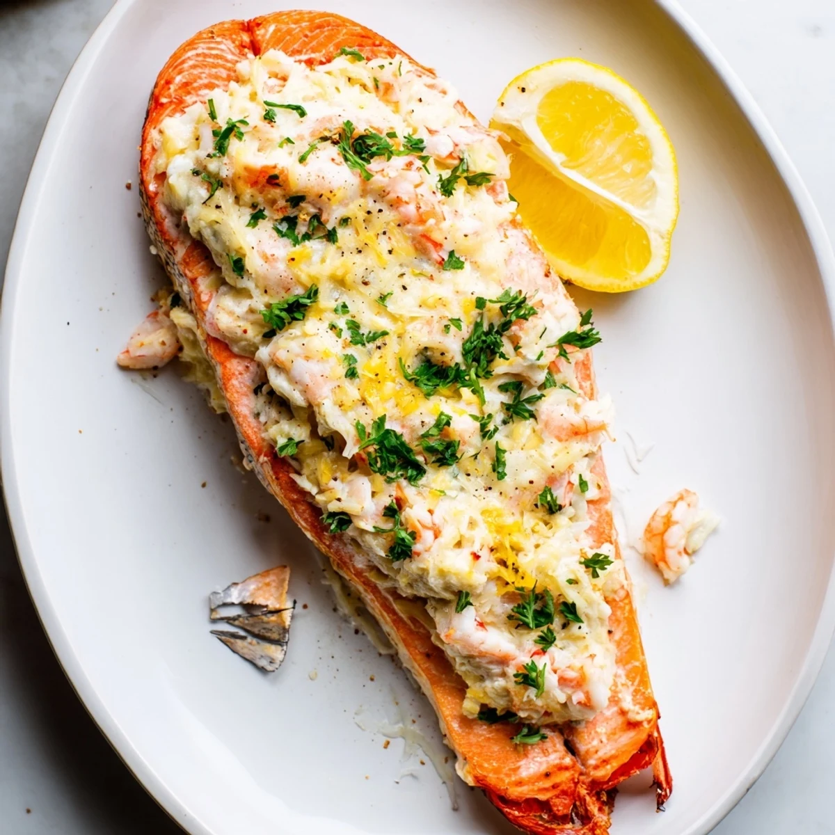 A close-up of Crab & Shrimp Stuffed Salmon reveals a creamy seafood filling inside tender pink salmon. 