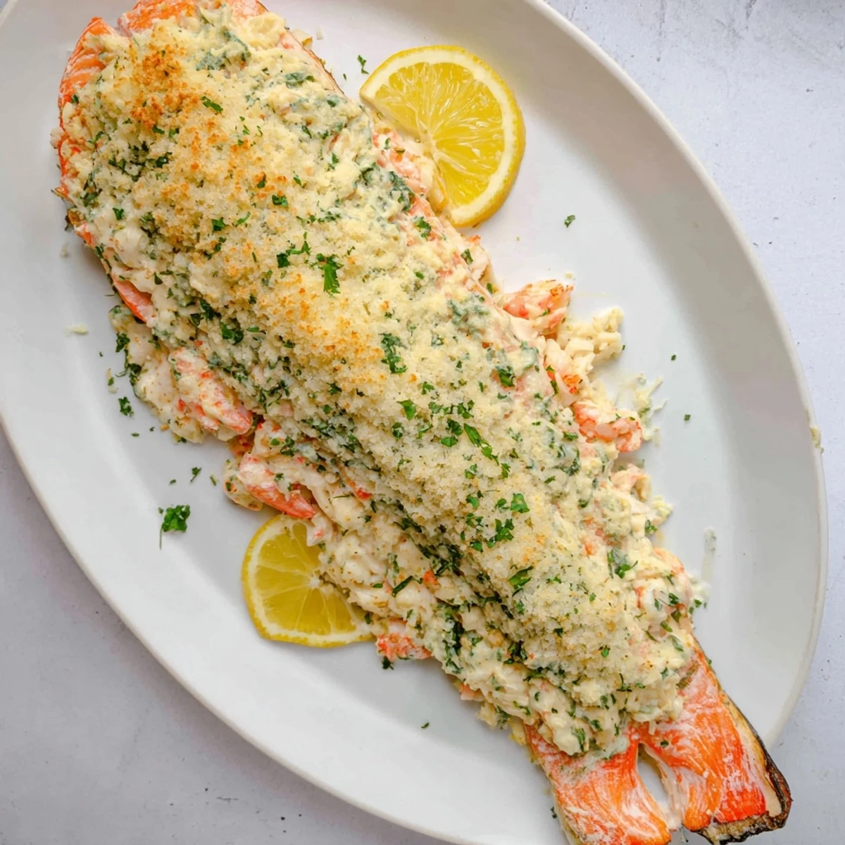 Sliced Crab & Shrimp Stuffed Salmon shows layers of flaky fish and savory crab and shrimp stuffing.