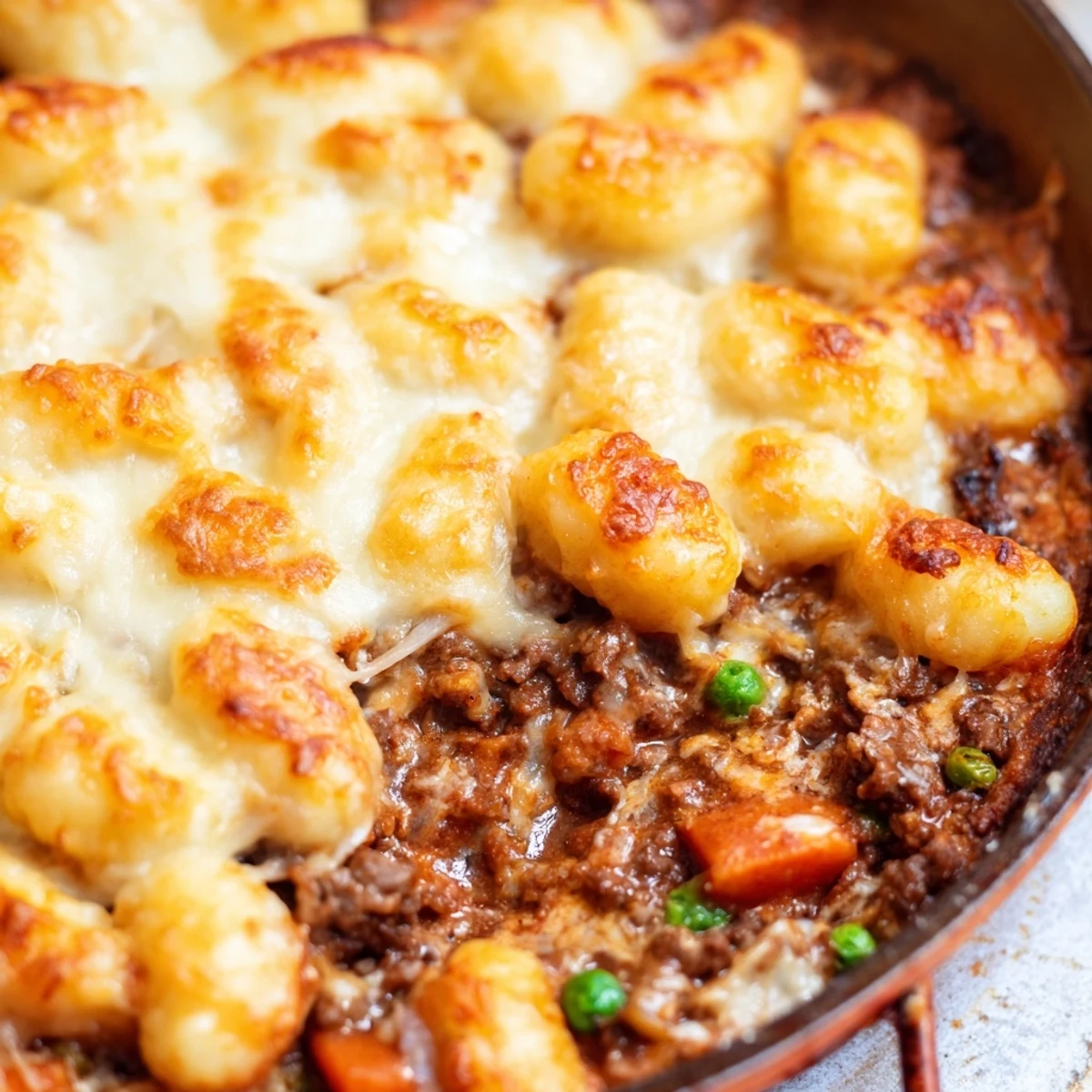 Hearty Quick Gnocchi Shepherds Pie with beef filling and pillowy gnocchi, ready to serve.