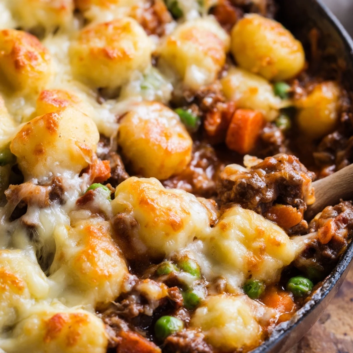 Golden-brown cheesy Quick Gnocchi Shepherds Pie bubbling from the oven, served in a skillet.